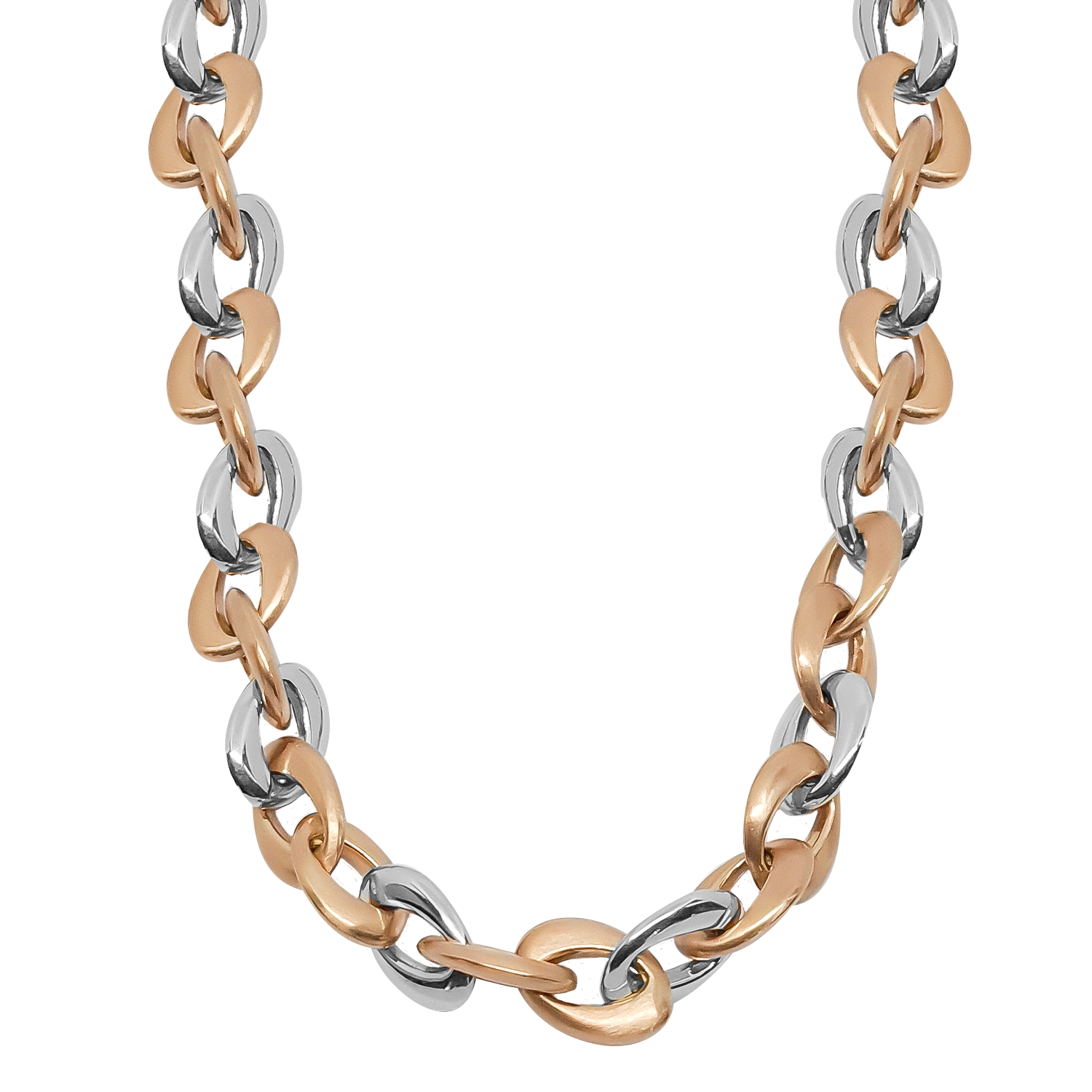 Oval in an Oval shape sequence links in 9ct of Rose Gold and 9ct White Gold in hollow tubes for a lighter weight on your shoulders.