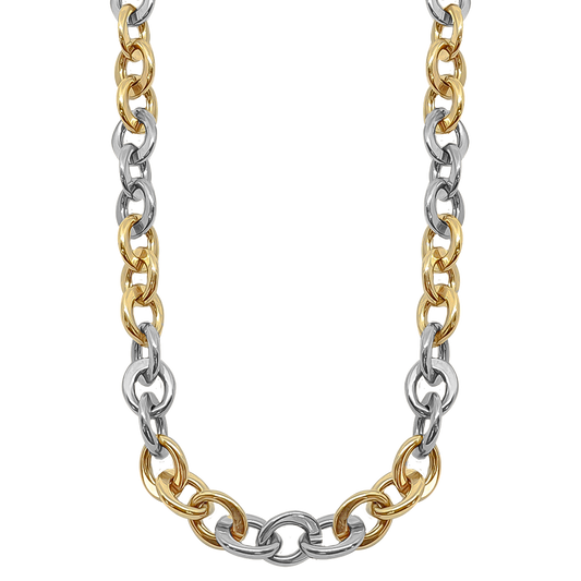 Three settings of White and then Yellow Gold Oval Link Chain in 9ct Two Tone Gold.