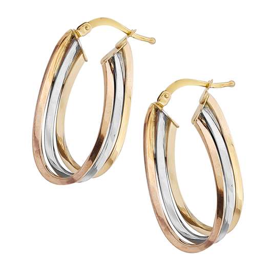 3cm Tri Loop Hoops in 9ct Yellow, Rose and White Gold