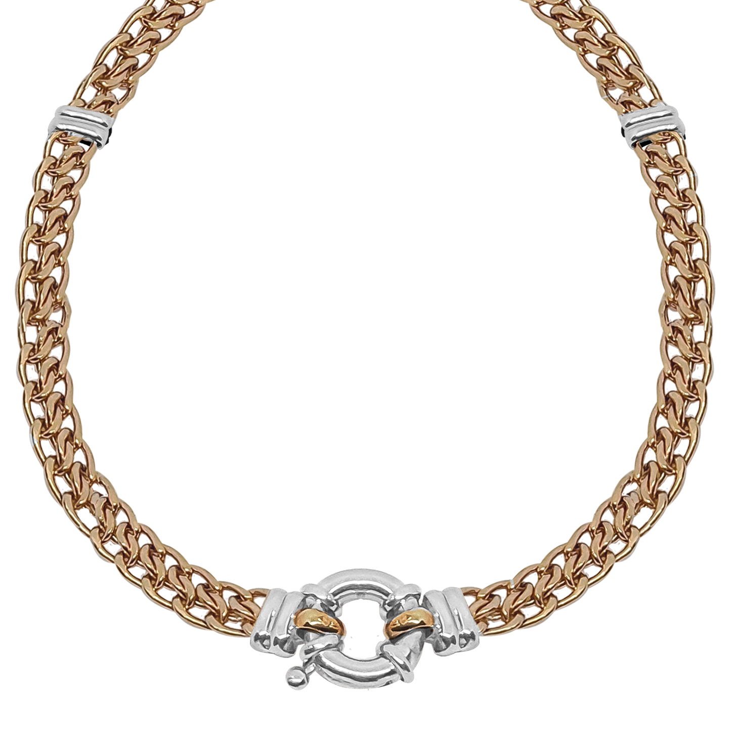 Basket links sequence in 9ct of Rose Gold and four Double Ties in 9ct White Gold in hollow creation for a lighter weight on your shoulders.