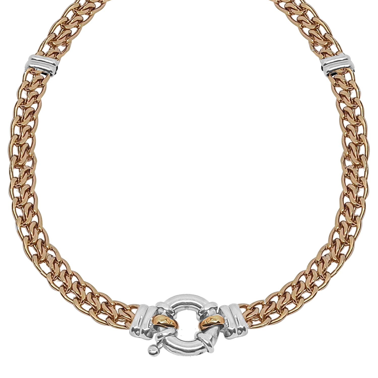 Basket links sequence in 9ct of Rose Gold and four Double Ties in 9ct White Gold in hollow creation for a lighter weight on your shoulders.