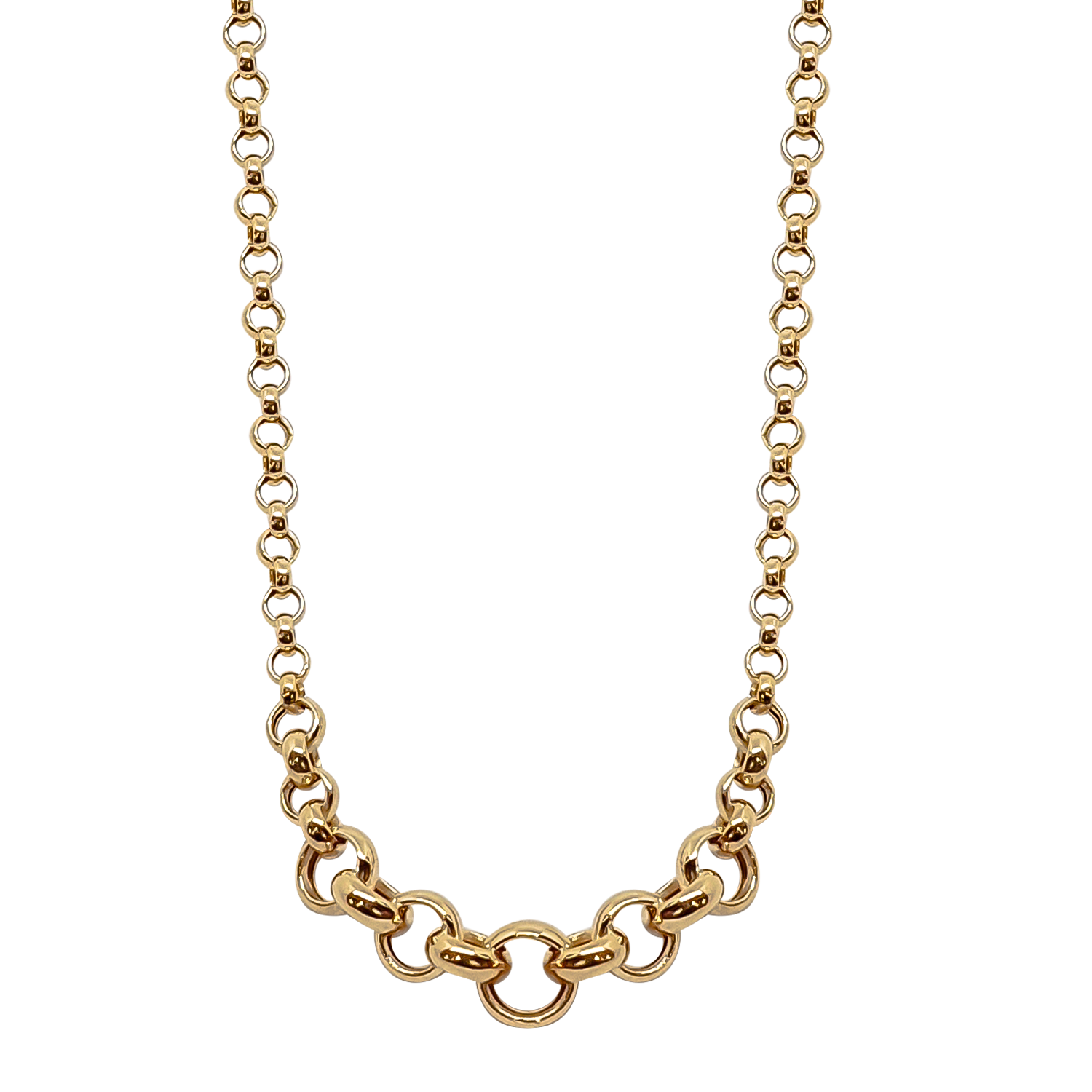 Graduated Belcher Link Chain in 9ct Yellow Gold in hollow tubes for a lighter weight on your shoulders.